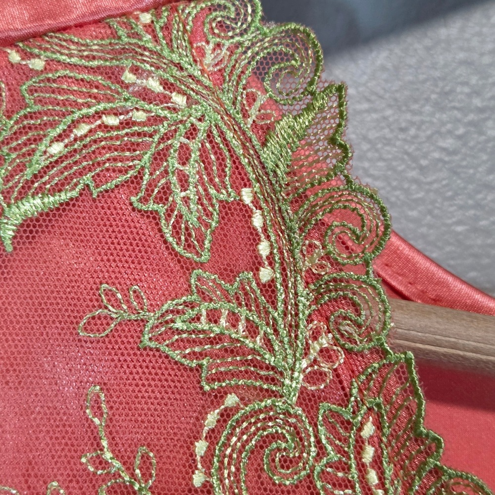Embroidered Satin Dress Womens Large Coral Faux Wrap Romantic Fairy Regencycore - Picture 10 of 13